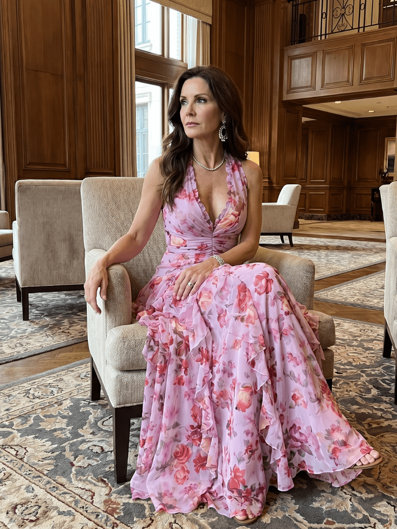 Nori | Robe Maxi à Fleurs avec Encolure Halterneck et Corsage Froncé