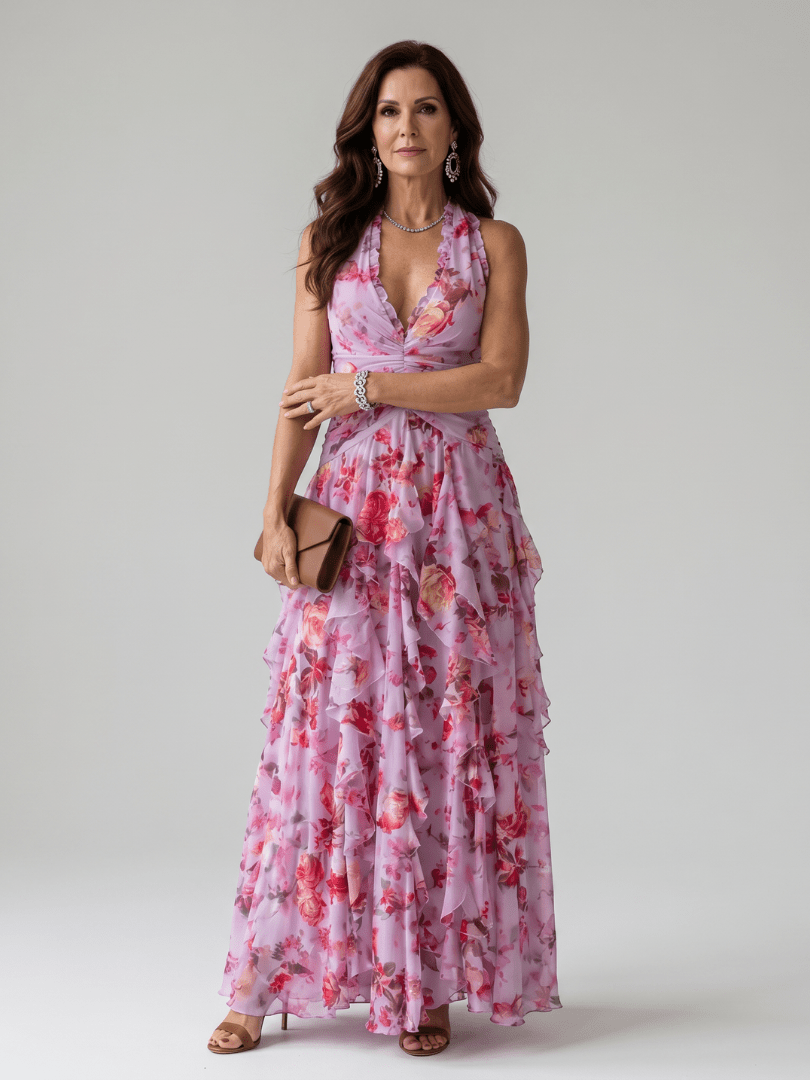 Nori | Robe Maxi à Fleurs avec Encolure Halterneck et Corsage Froncé