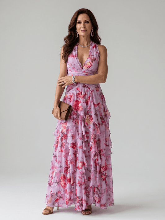 Nori | Robe Maxi à Fleurs avec Encolure Halterneck et Corsage Froncé