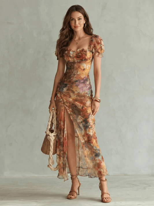 Ciel | Robe Midi avec Manches Froncées et Ouverture