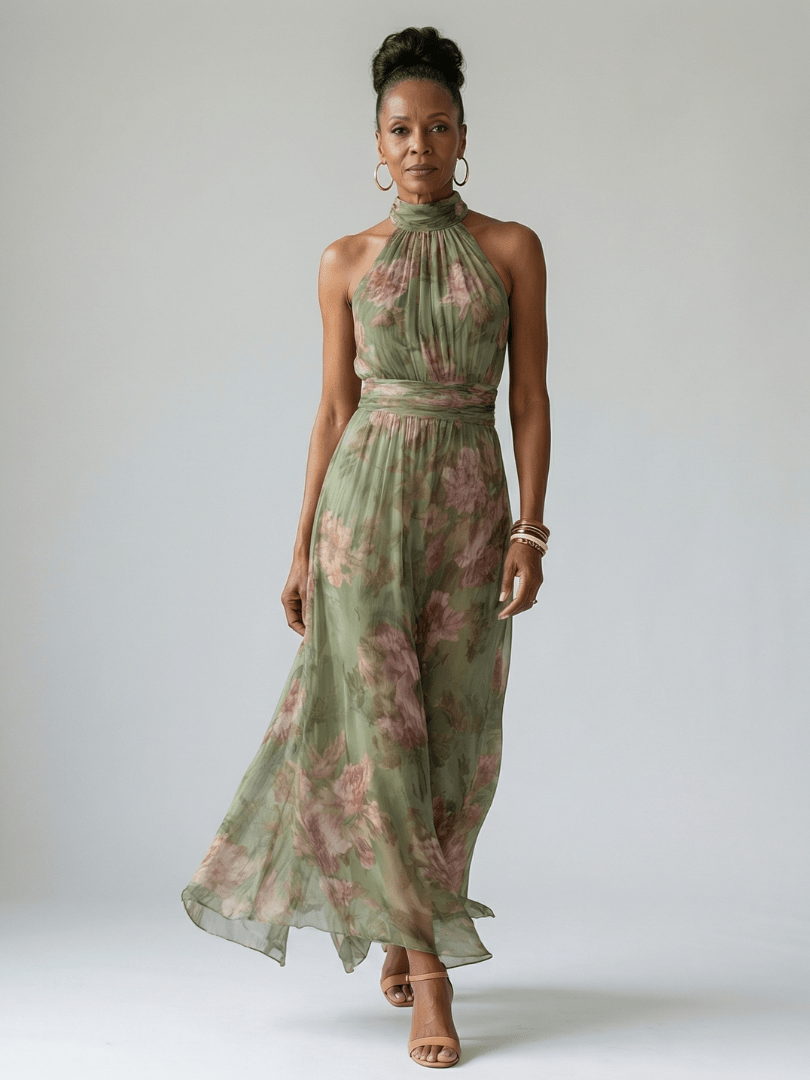Mirelle | Robe Midi à Col Halter avec des Fronces