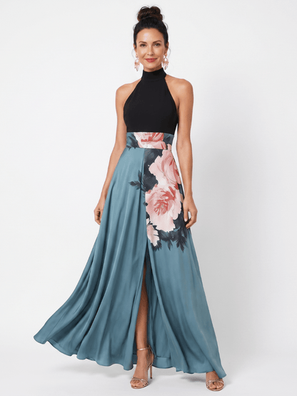 Olympas | Robe Maxi à Col Halter et Jupe à Motifs Floraux