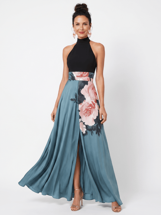 Olympas | Robe Maxi à Col Halter et Jupe à Motifs Floraux