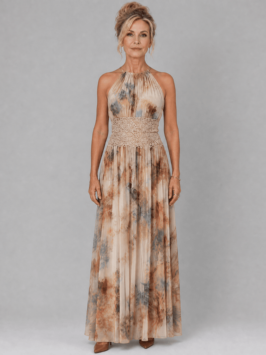 Elavenue | Robe Maxi à Col Halter et Ceinture en Dentelle