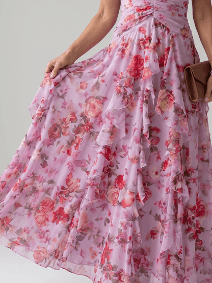 Nori | Robe Maxi à Fleurs avec Encolure Halterneck et Corsage Froncé