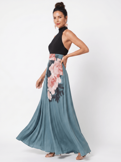 Olympas | Robe Maxi à Col Halter et Jupe à Motifs Floraux
