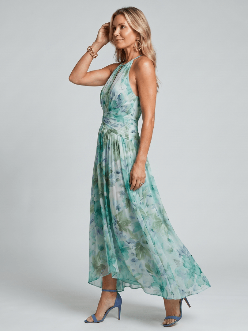 Portia | Robe Midi Plissée à Encolure Halterneck