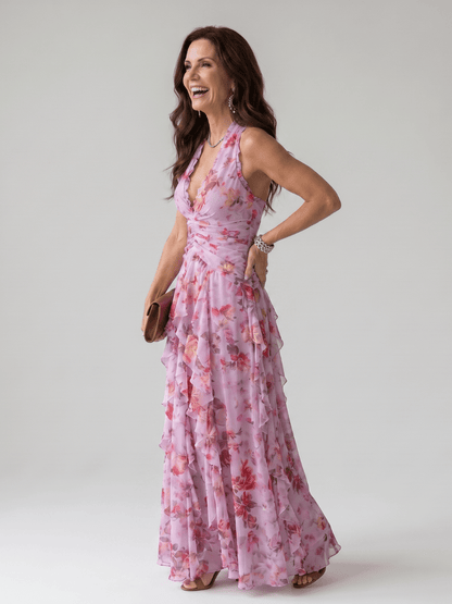 Nori | Robe Maxi à Fleurs avec Encolure Halterneck et Corsage Froncé