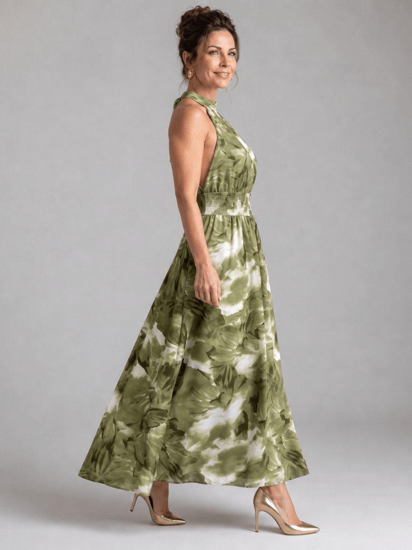 Olivia | Robe midi à taille froncée avec imprimé abstrait