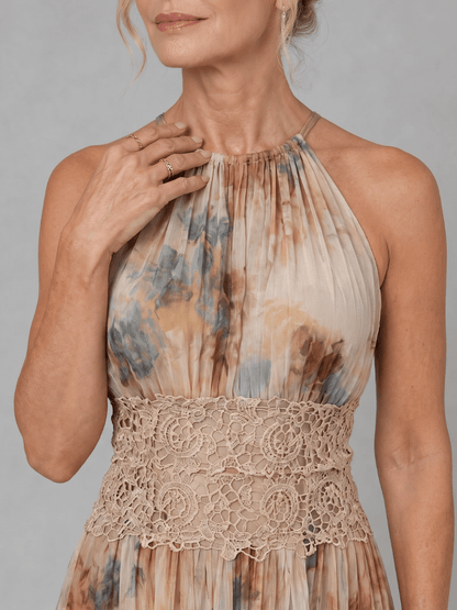 Elavenue | Robe Maxi à Col Halter et Ceinture en Dentelle