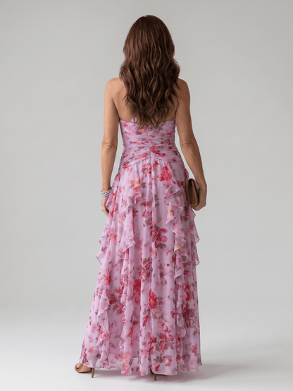 Nori | Robe Maxi à Fleurs avec Encolure Halterneck et Corsage Froncé