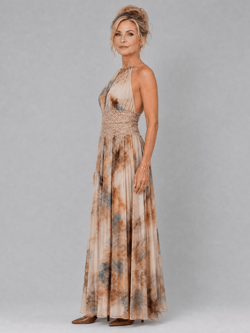 Elavenue | Robe Maxi à Col Halter et Ceinture en Dentelle