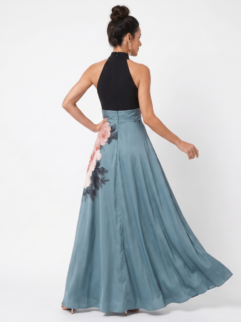 Olympas | Robe Maxi à Col Halter et Jupe à Motifs Floraux