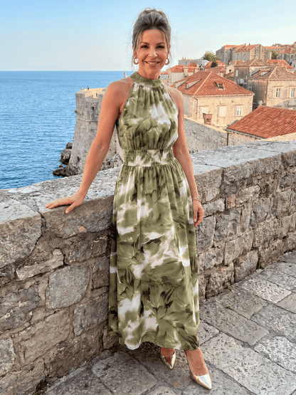 Olivia | Robe midi à taille froncée avec imprimé abstrait