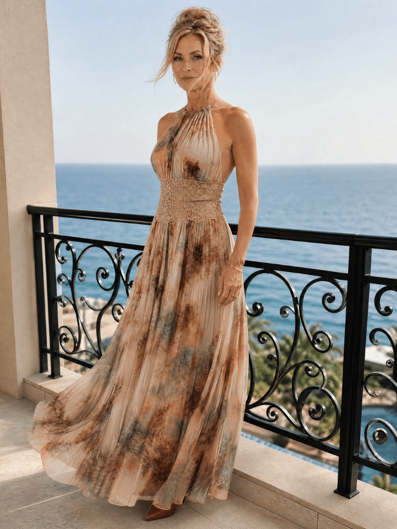 Elavenue | Robe Maxi à Col Halter et Ceinture en Dentelle