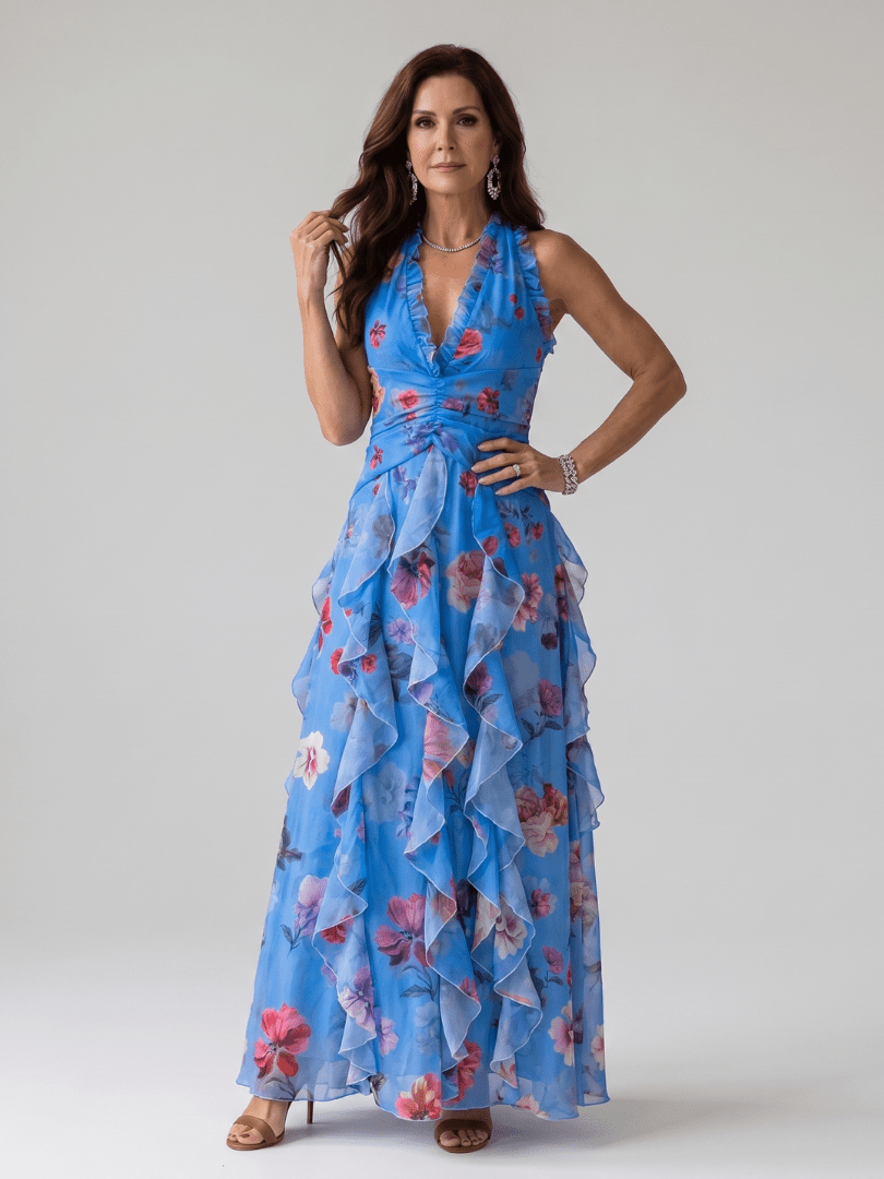 Nori | Robe Maxi à Fleurs avec Encolure Halterneck et Corsage Froncé