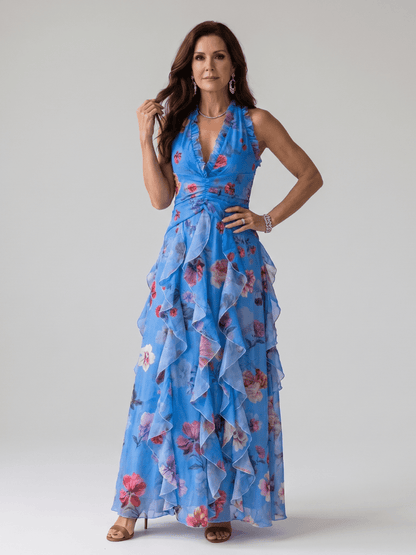 Nori | Robe Maxi à Fleurs avec Encolure Halterneck et Corsage Froncé