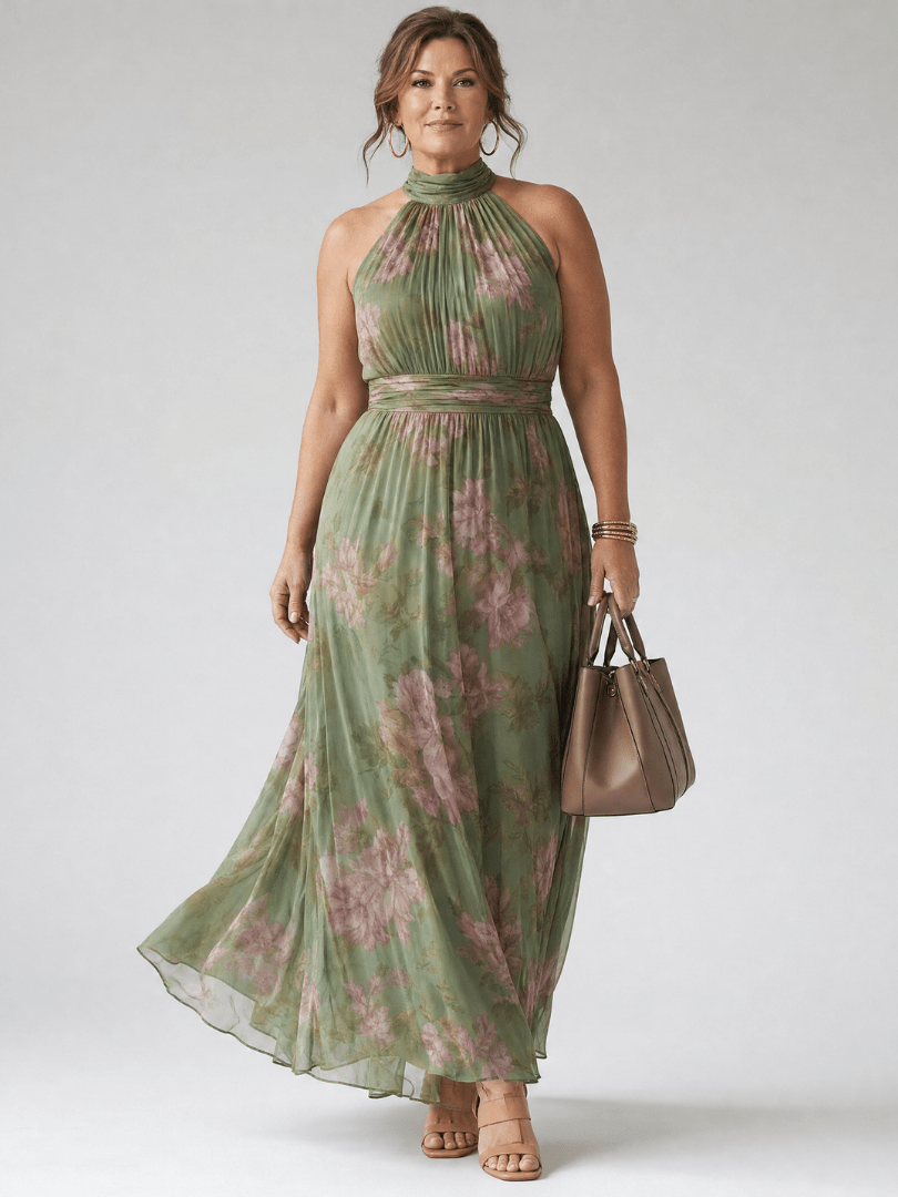 Mirelle | Robe Midi à Col Halter avec des Fronces