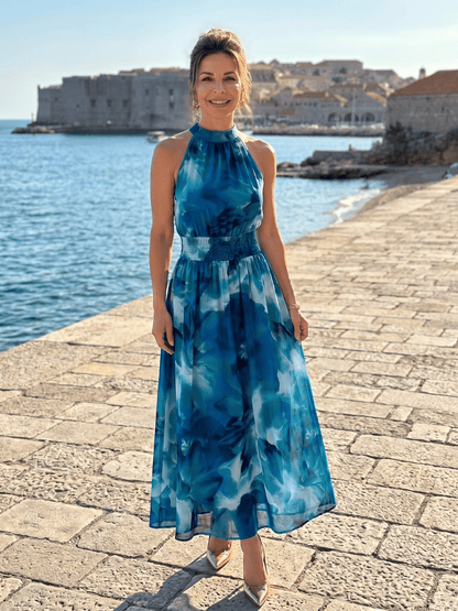Olivia | Robe midi à taille froncée avec imprimé abstrait