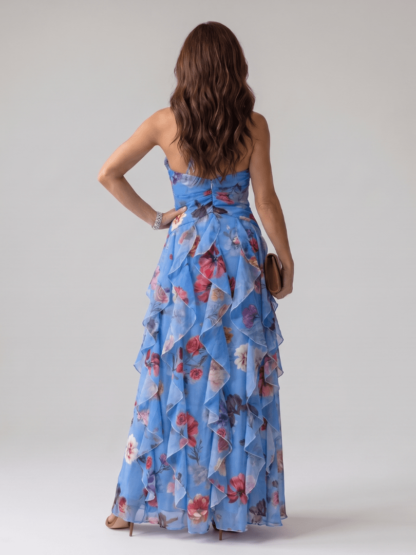 Nori | Robe Maxi à Fleurs avec Encolure Halterneck et Corsage Froncé