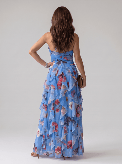 Nori | Robe Maxi à Fleurs avec Encolure Halterneck et Corsage Froncé