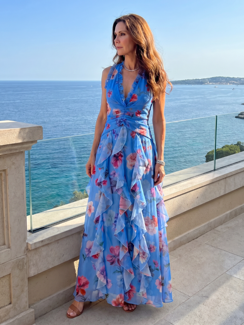 Nori | Robe Maxi à Fleurs avec Encolure Halterneck et Corsage Froncé