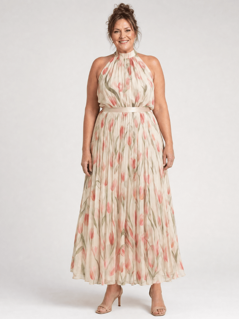 Aurelle | Robe Midi à Motifs Floraux avec Col Halter