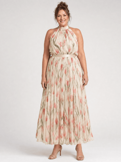 Aurelle | Robe Midi à Motifs Floraux avec Col Halter