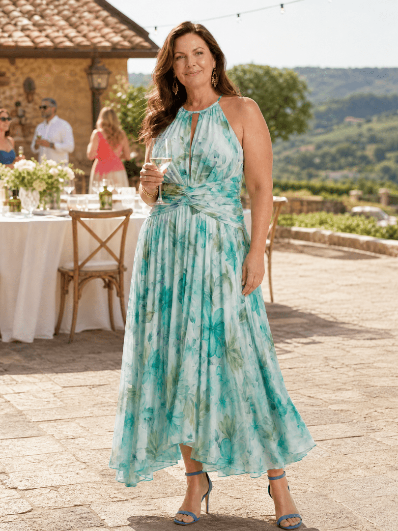 Portia | Robe Midi Plissée à Encolure Halterneck