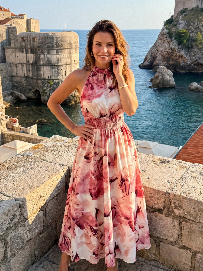 Olivia | Robe midi à taille froncée avec imprimé abstrait