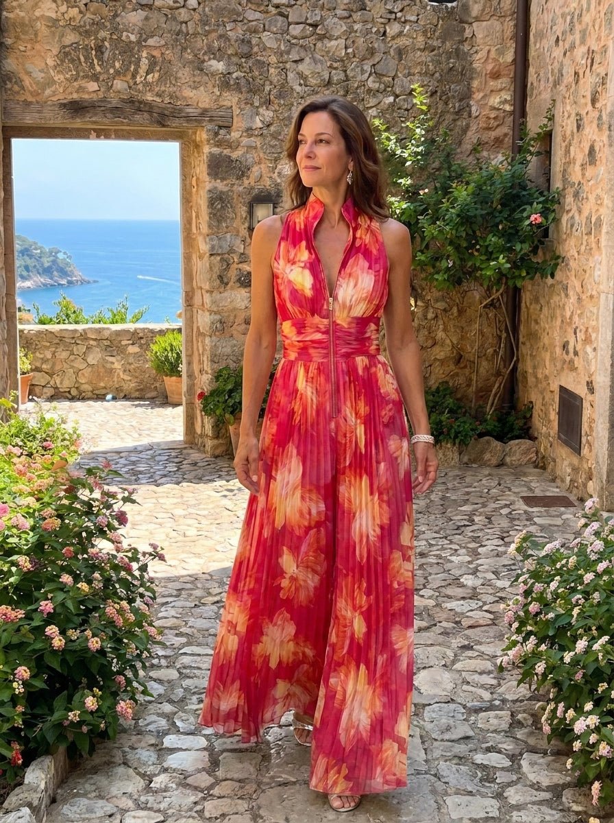 Zakira | Combinaison à Motif Floral avec col Halterneck et Jambes Larges