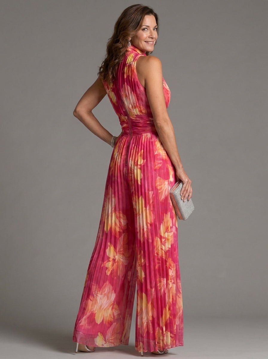 Zakira | Combinaison à Motif Floral avec col Halterneck et Jambes Larges