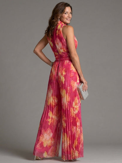 Zakira | Combinaison à Motif Floral avec col Halterneck et Jambes Larges
