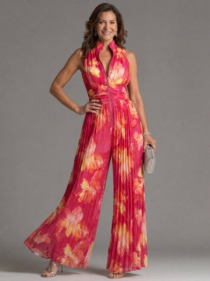 Zakira | Combinaison à Motif Floral avec col Halterneck et Jambes Larges