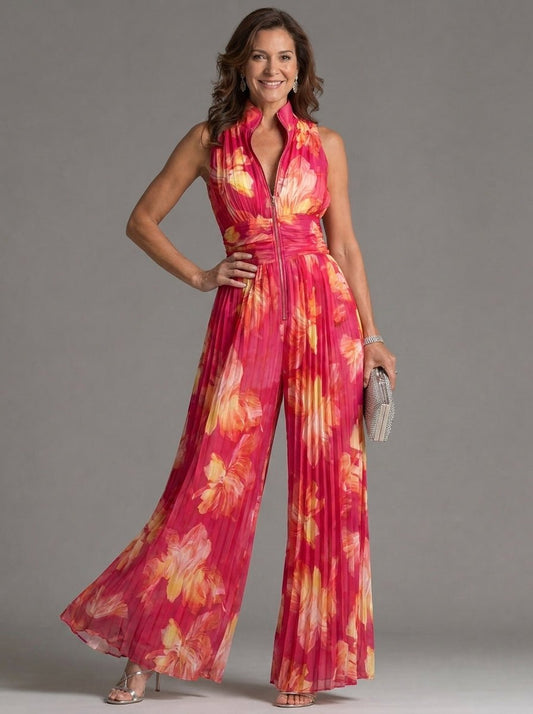 Zakira | Combinaison à Motif Floral avec col Halterneck et Jambes Larges
