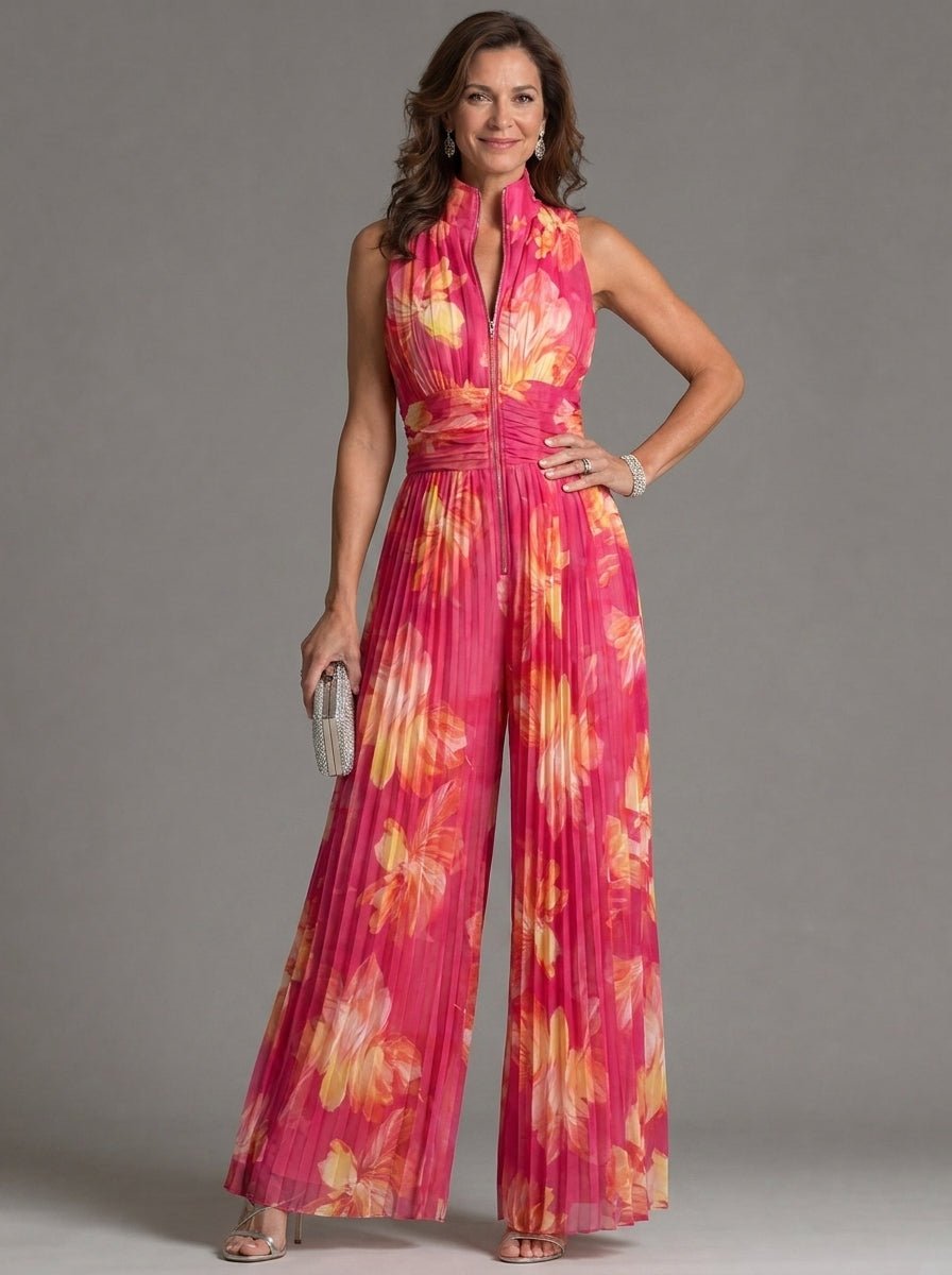 Zakira | Combinaison à Motif Floral avec col Halterneck et Jambes Larges