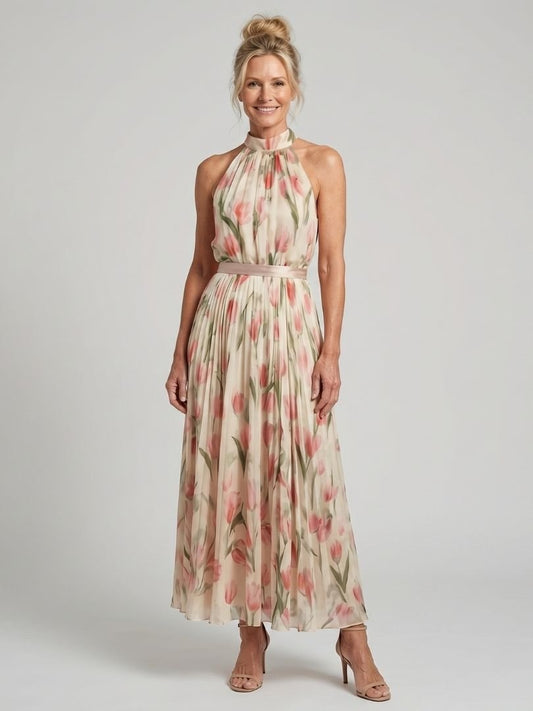 Aurelle | Robe Midi à Motifs Floraux avec Col Halter