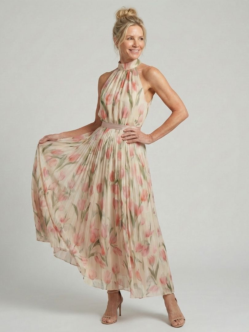 Aurelle | Robe Midi à Motifs Floraux avec Col Halter