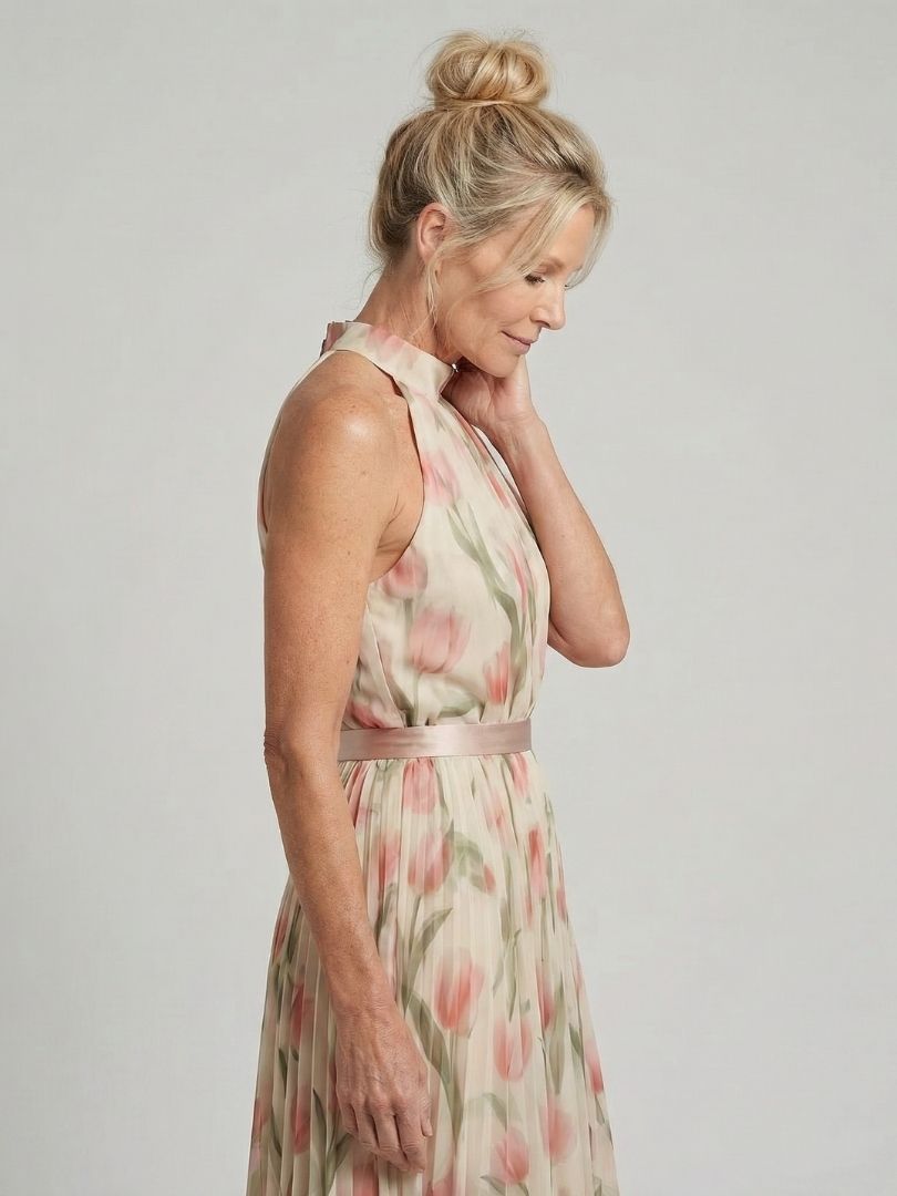 Aurelle | Robe Midi à Motifs Floraux avec Col Halter