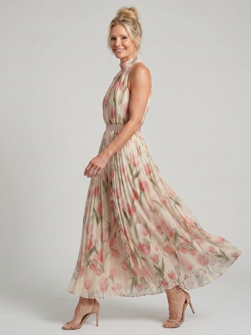 Aurelle | Robe Midi à Motifs Floraux avec Col Halter