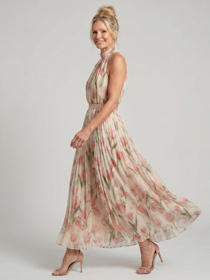 Aurelle | Robe Midi à Motifs Floraux avec Col Halter