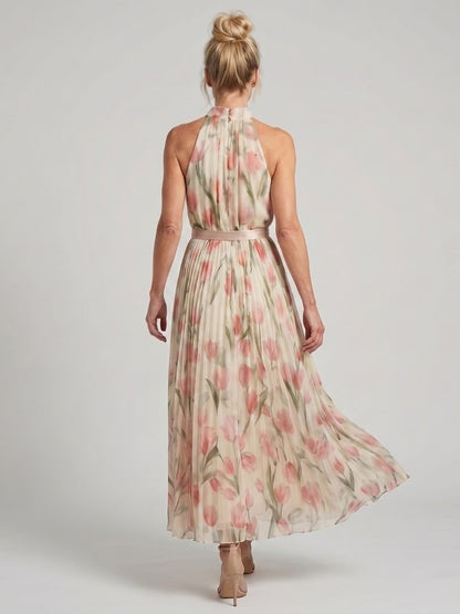 Aurelle | Robe Midi à Motifs Floraux avec Col Halter
