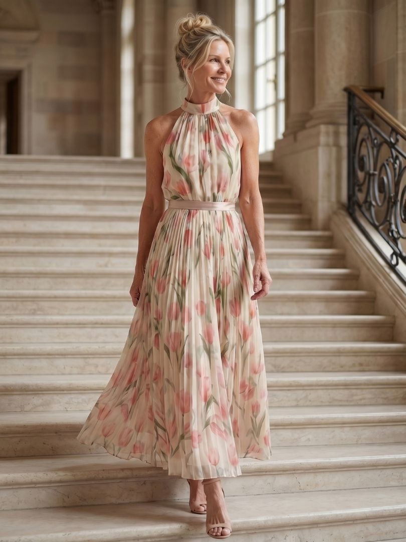 Aurelle | Robe Midi à Motifs Floraux avec Col Halter