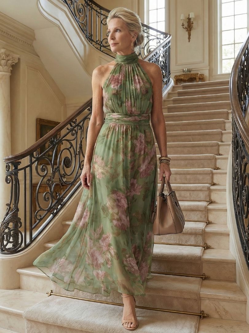 Mirelle | Robe Midi à Col Halter avec des Fronces